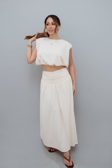 Conjunto Cropped e Saia Longa Franzida