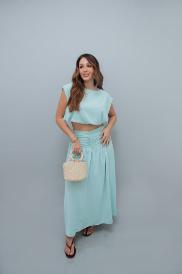 Conjunto Cropped e Saia Longa Franzida